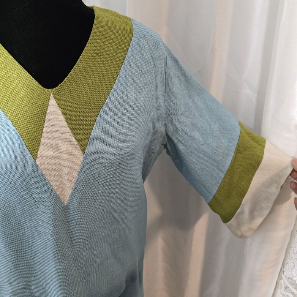 True Vintage 60s Skirt Suit Julie Miller Blouse Skirt Set 15/16 Womens Blue Gree - Picture 2 of 16